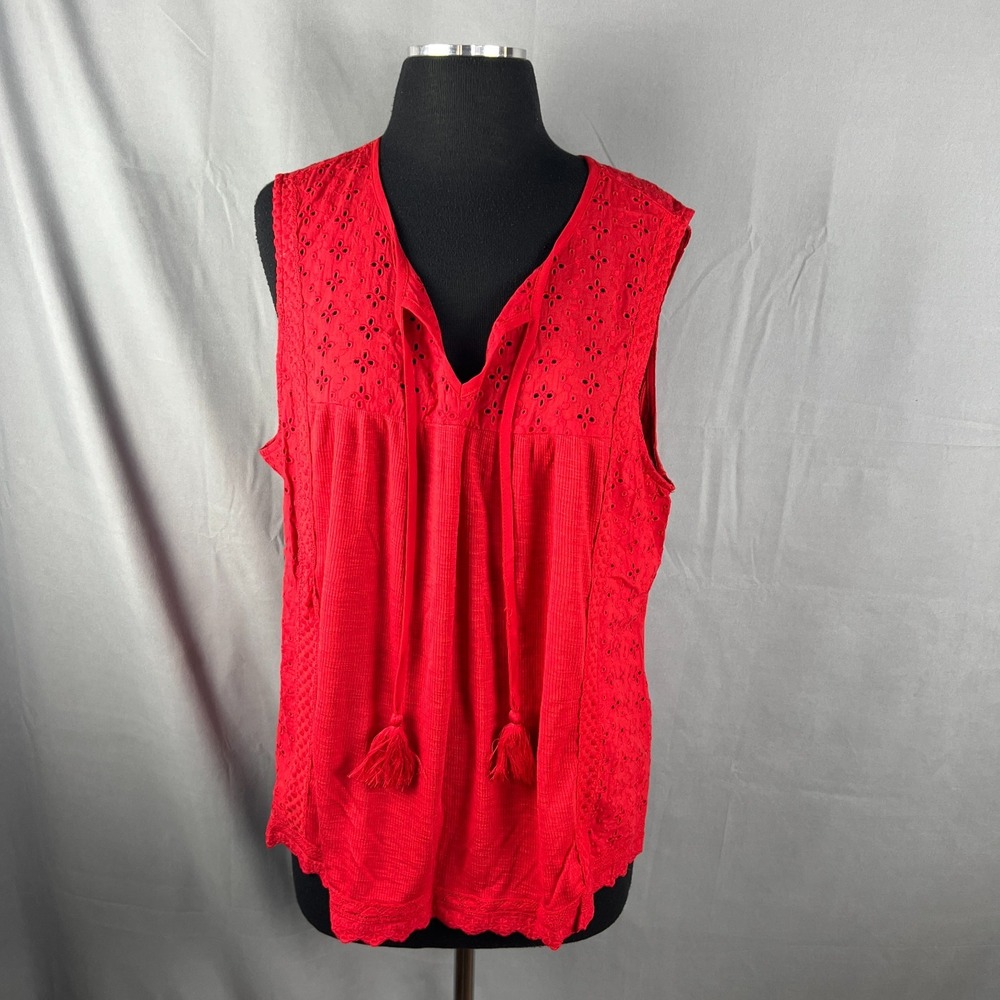 Knox Rose Tank Top Women 2XL Red Cotton Eyelet Lace Detail Tassel Tie Split Neck